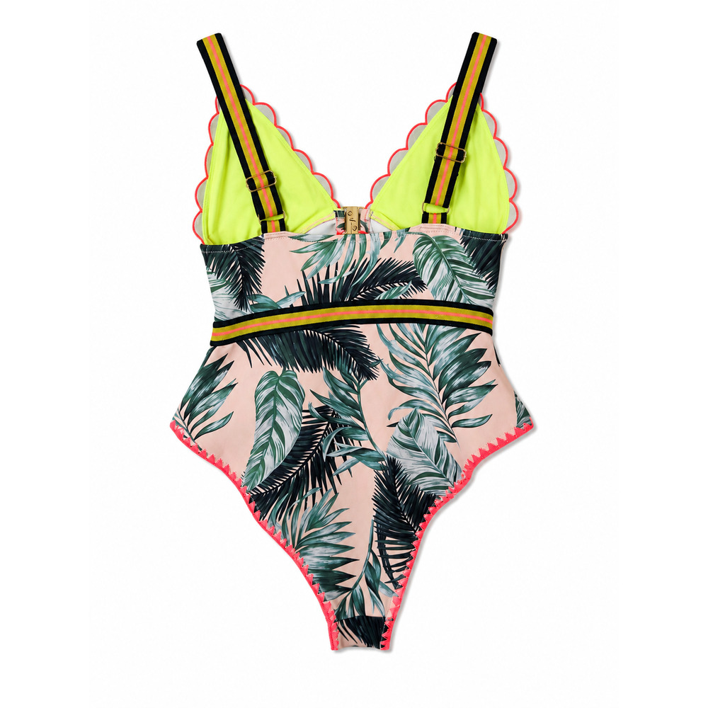 River Island Tropical Palm Print Scalloped One Piece Swimsuit Size 12 Neon Trim - Picture 2 of 10